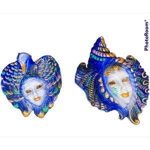 2 Porcelain  Decorative Venetian Masks Gold & Blue  Lot of 2  Wall Hanging Decor